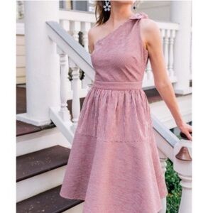 Gal Meets Glam Martha One Shoulder Dress Women 4 Red Blue Seersucker Pockets